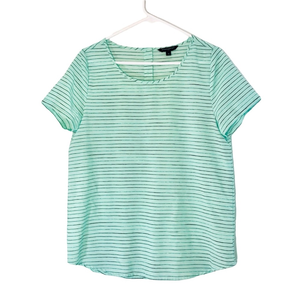 Banana Republic Woman’s Mint Green & Navy Pinstriped Short Sleeve Blouse